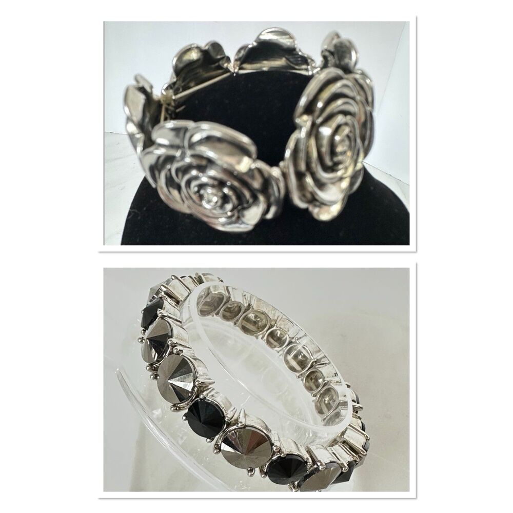 Vintage Silver Rose 7.5” Stretch Bracelet & Black Rhinestone 7” Band Lot